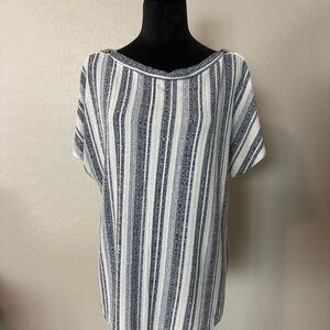 W5 Navy White Striped Button Side Blouse Short Sleeve Top Size Large
